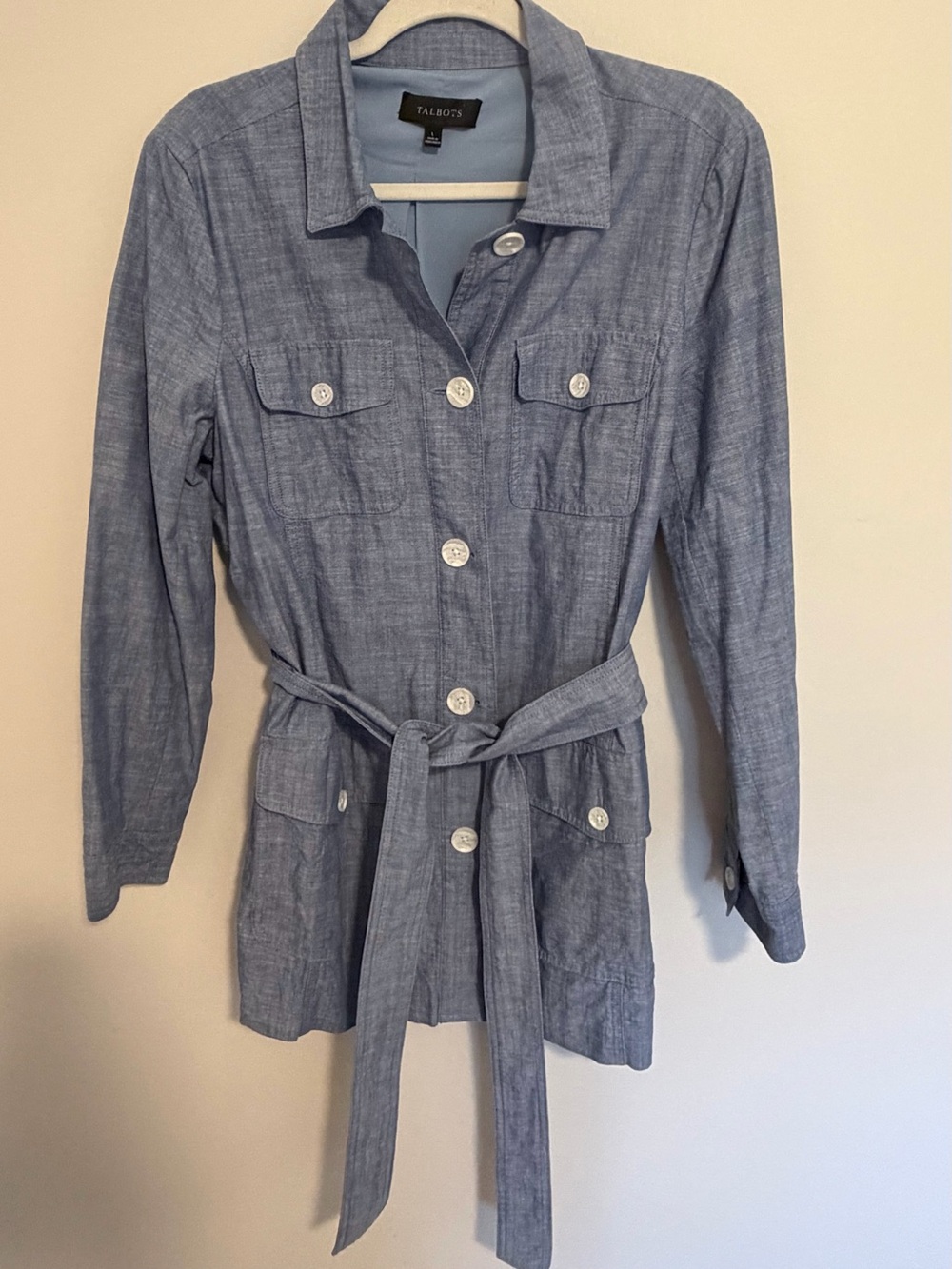 Talbots Chambray Tie-Belt Utility Jacket in Light Blue